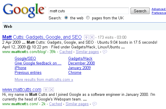 Matt Cutts website gets Google Sitelinks